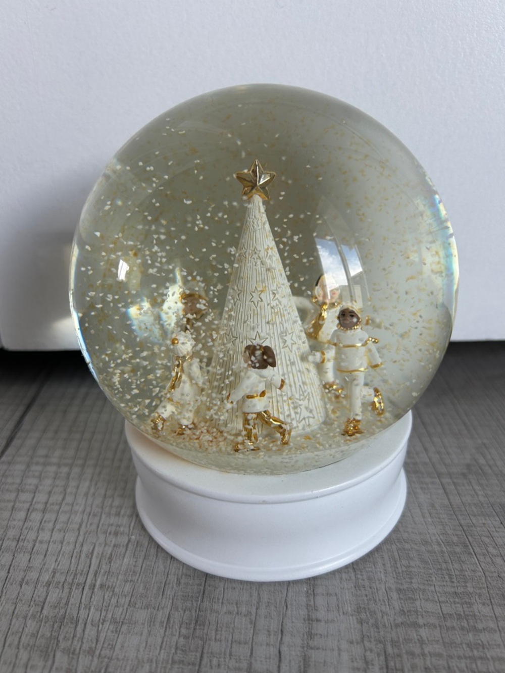 Retired Holiday Snow Globe with White and Gold Tree
